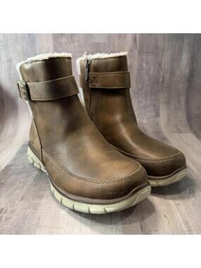 Skechers Synergy Diva Lane Ankle Boots Womens 6 Brown/ Cream Zip Sherpa Buckle